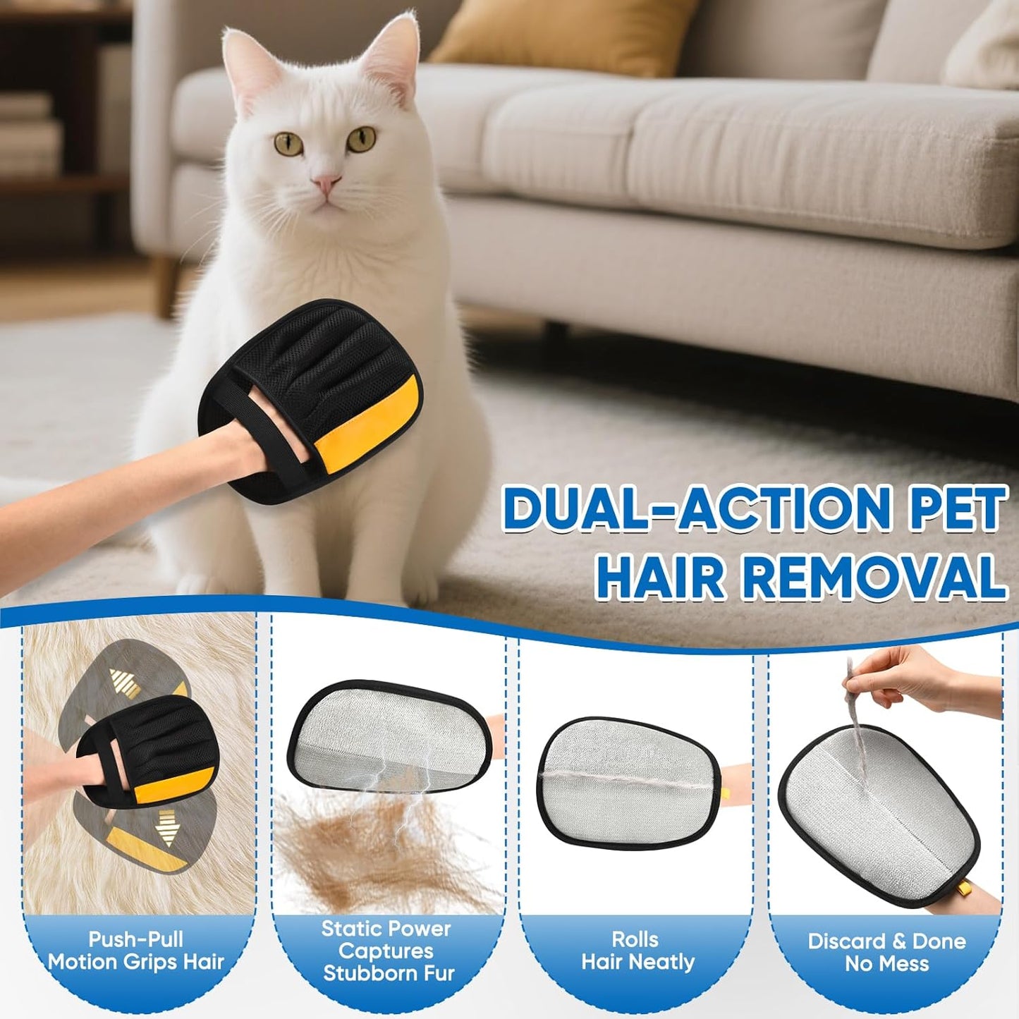 Electrostatic Pet Hair Removal Glove, Five-Finger, Grooming Mitt | Reusable for Dog & Cat, Removes Embedded Fur from Couch Car Seats Clothing Furniture, Also Works on Laundry Carpet & Pet Beds